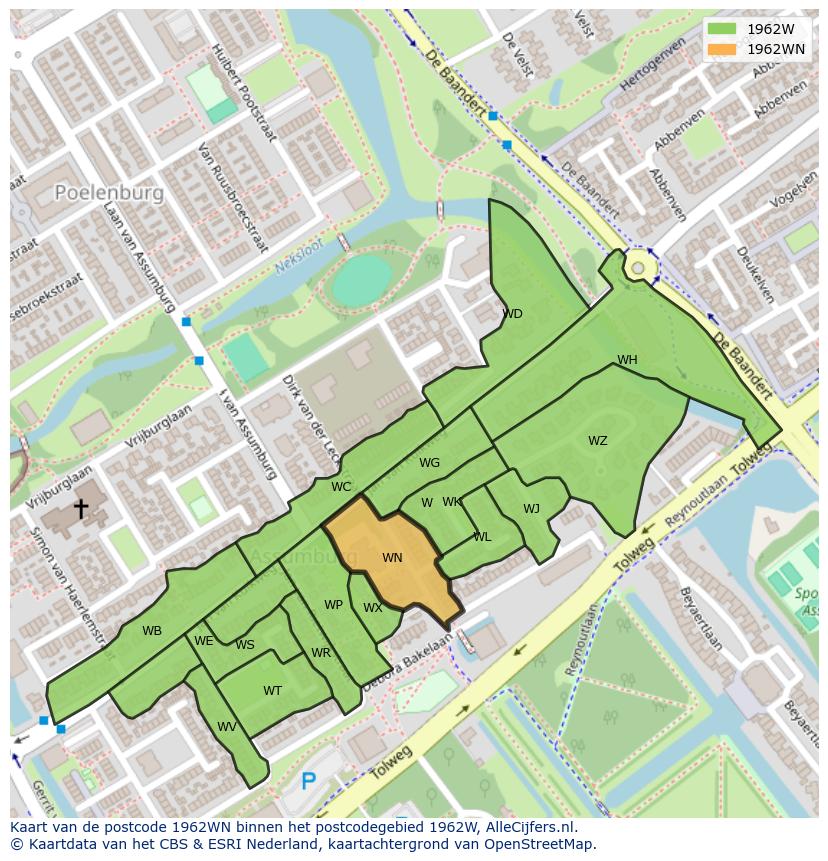 Afbeelding van het postcodegebied 1962 WN op de kaart.