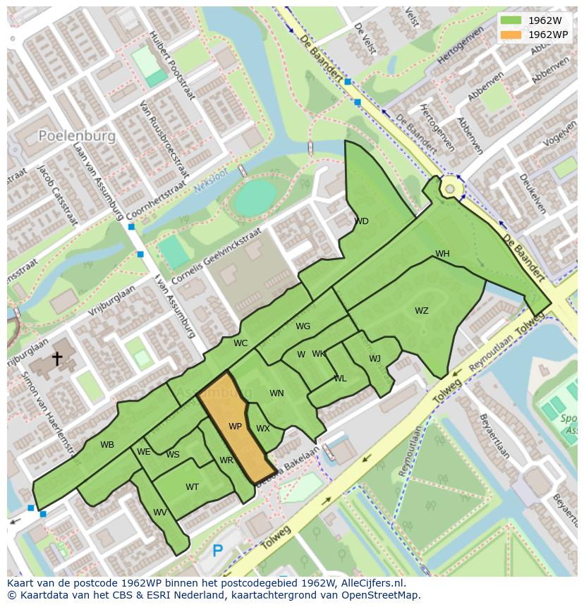 Afbeelding van het postcodegebied 1962 WP op de kaart.