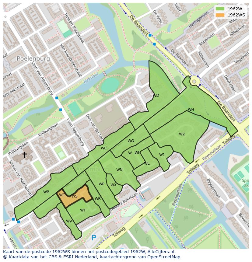 Afbeelding van het postcodegebied 1962 WS op de kaart.