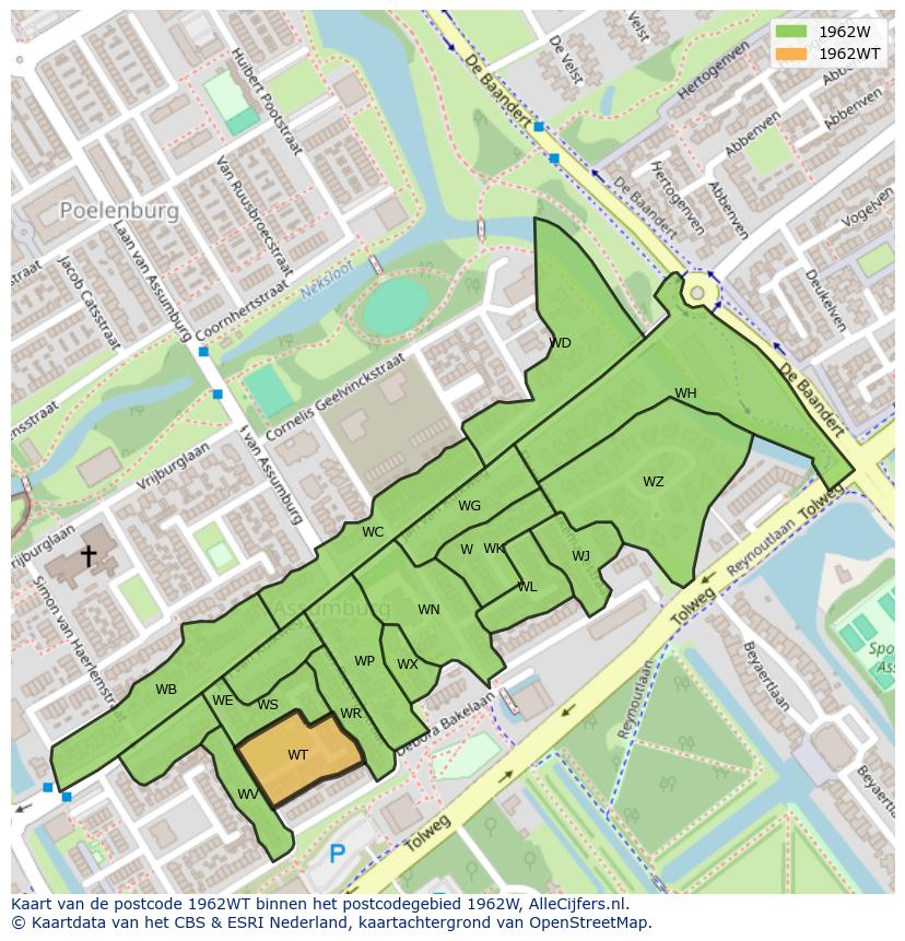 Afbeelding van het postcodegebied 1962 WT op de kaart.