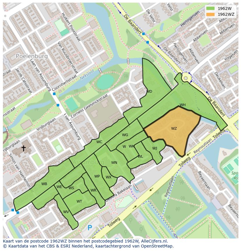 Afbeelding van het postcodegebied 1962 WZ op de kaart.