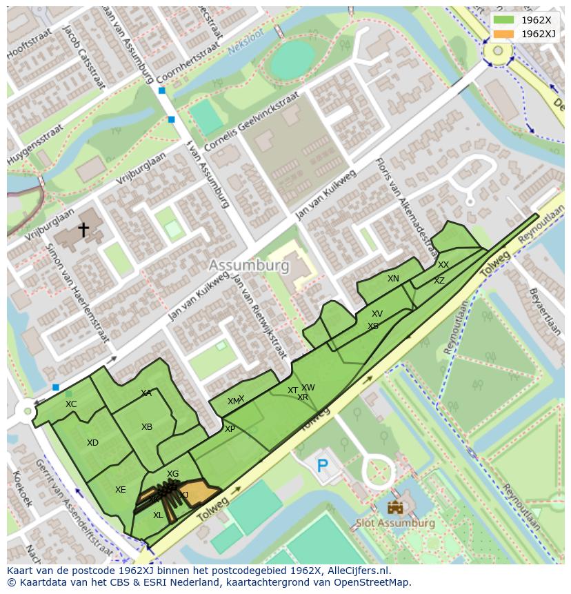 Afbeelding van het postcodegebied 1962 XJ op de kaart.