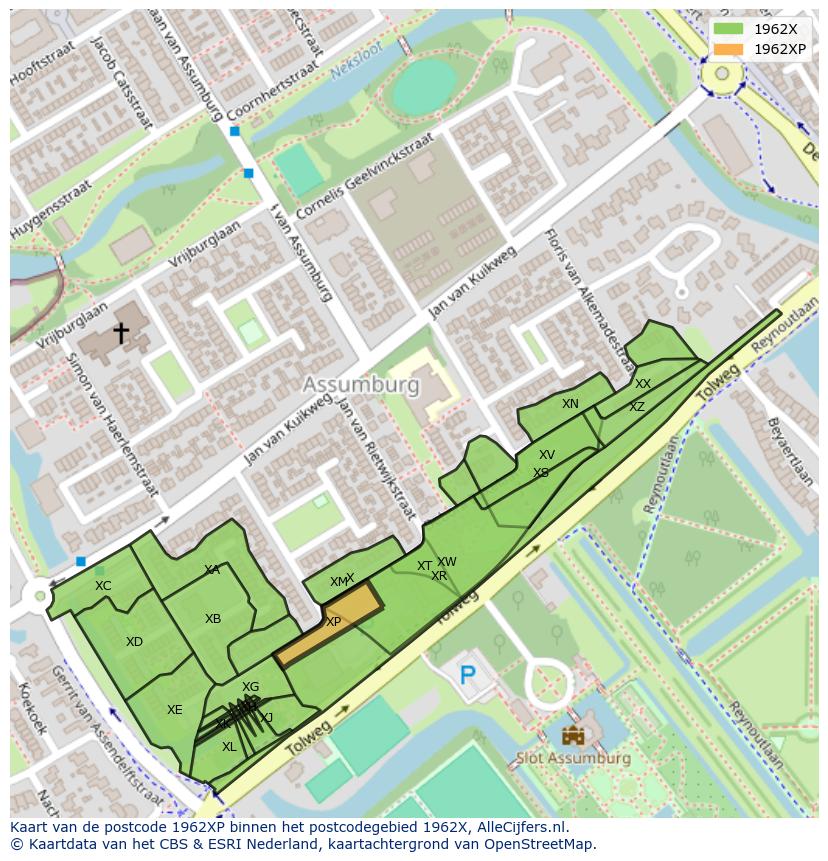 Afbeelding van het postcodegebied 1962 XP op de kaart.