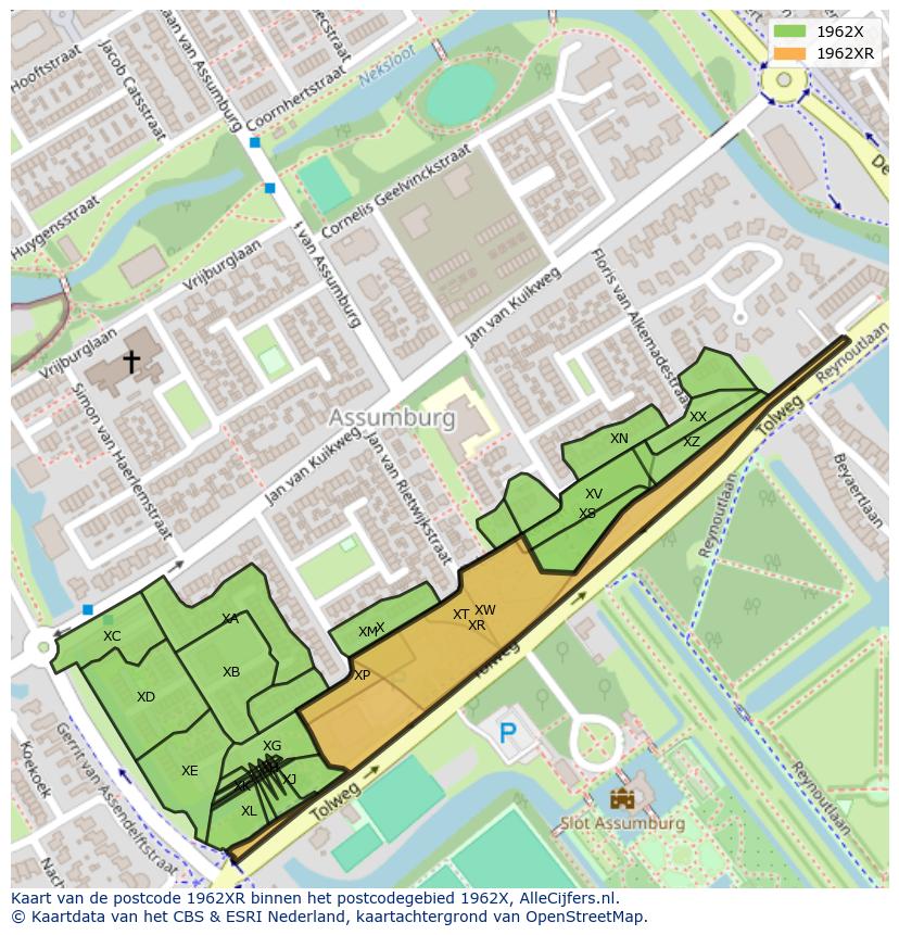 Afbeelding van het postcodegebied 1962 XR op de kaart.
