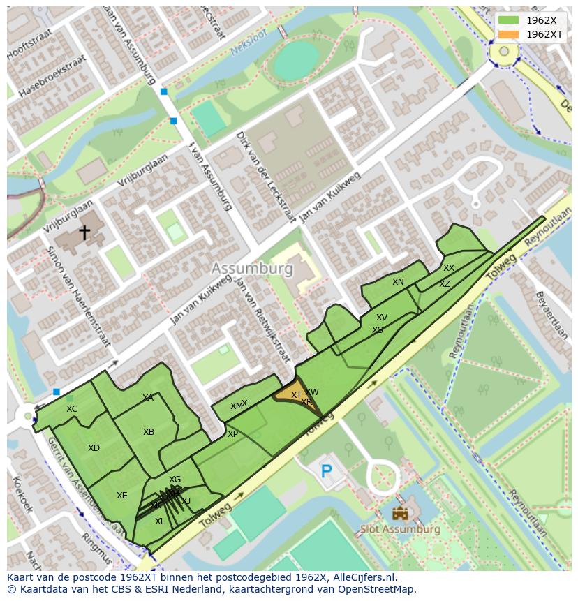 Afbeelding van het postcodegebied 1962 XT op de kaart.
