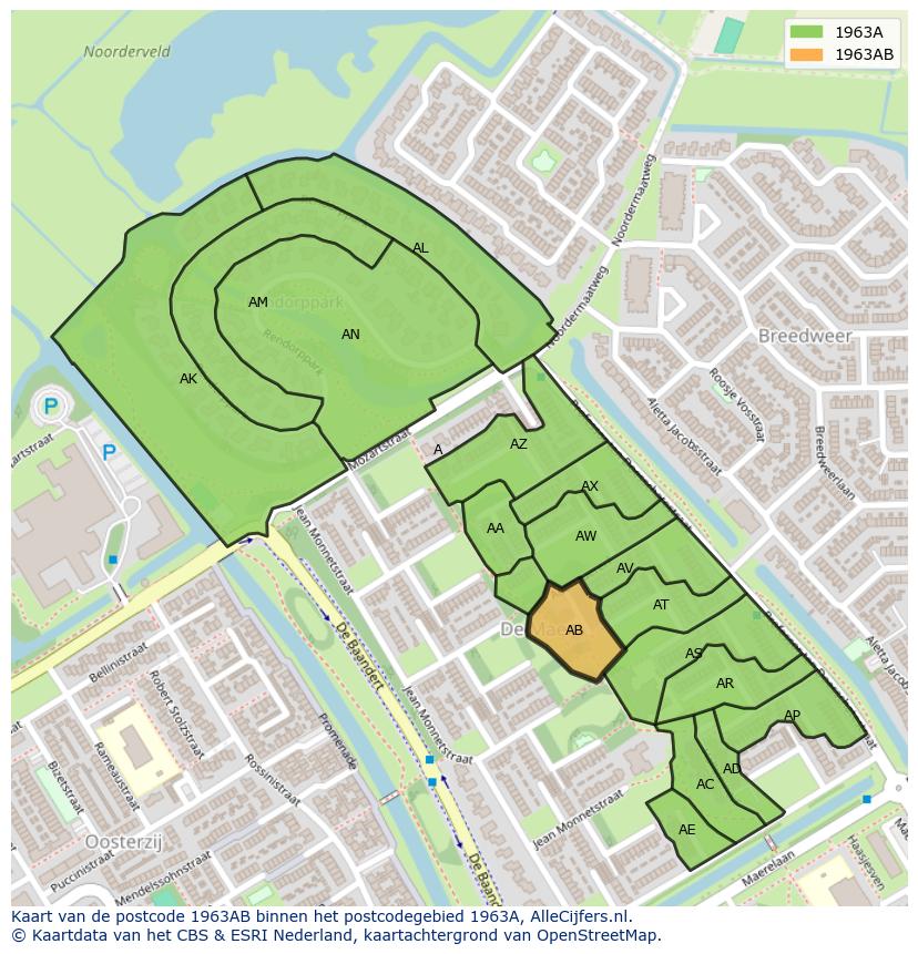 Afbeelding van het postcodegebied 1963 AB op de kaart.