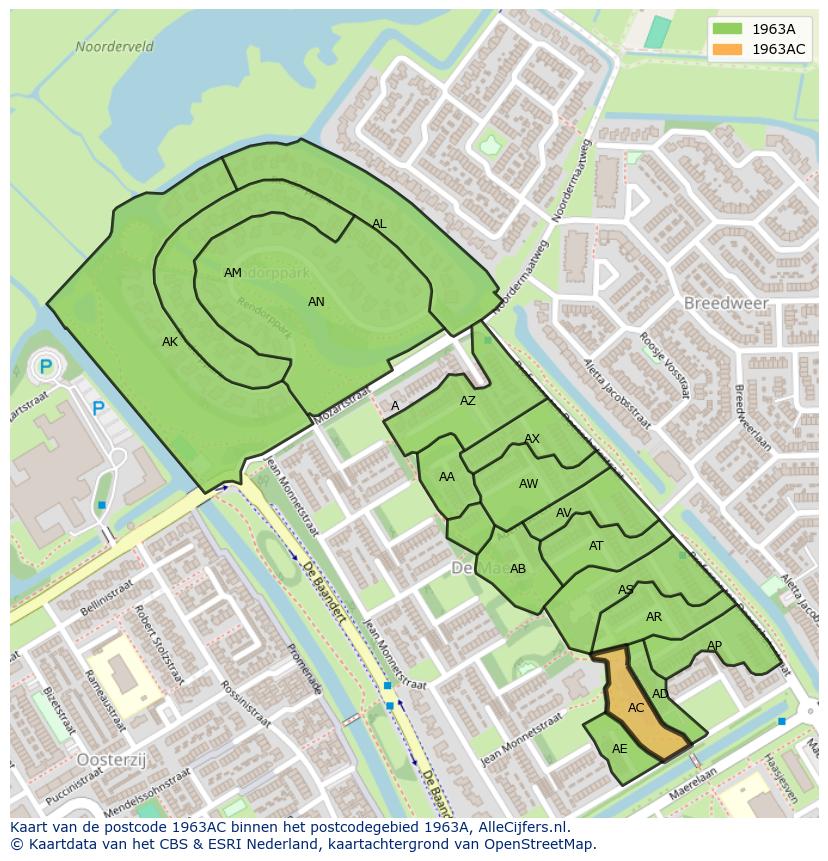 Afbeelding van het postcodegebied 1963 AC op de kaart.