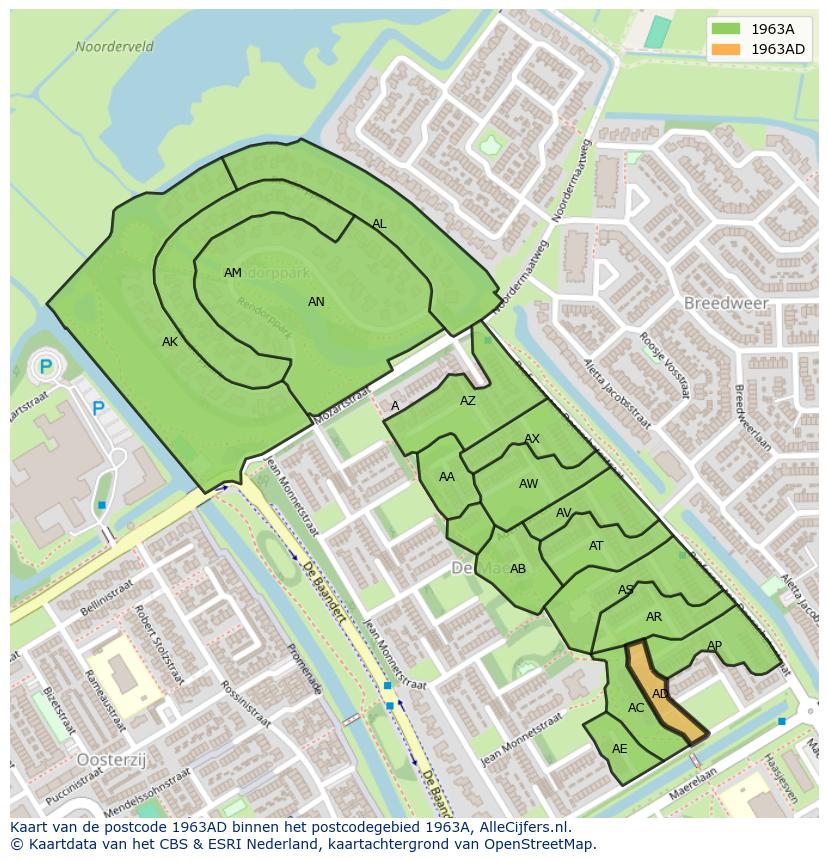 Afbeelding van het postcodegebied 1963 AD op de kaart.