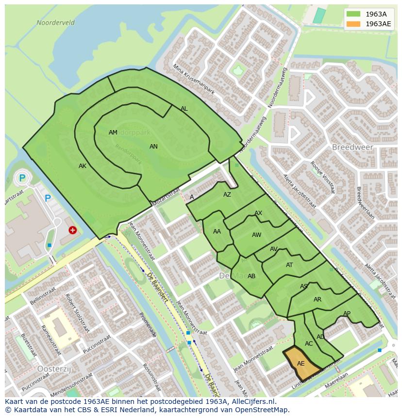 Afbeelding van het postcodegebied 1963 AE op de kaart.
