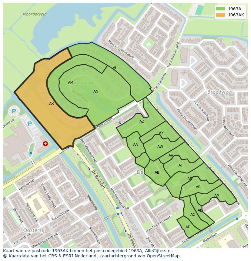 Afbeelding van het postcodegebied 1963 AK op de kaart.