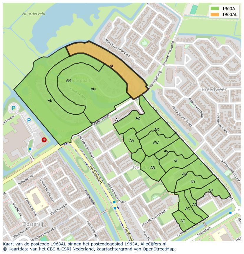 Afbeelding van het postcodegebied 1963 AL op de kaart.