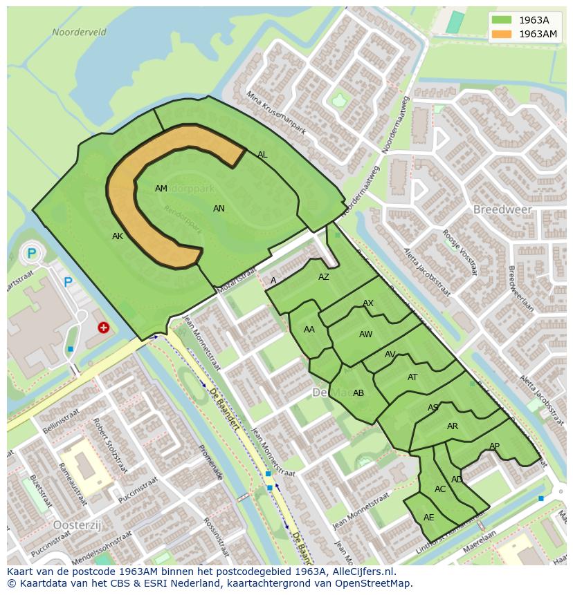 Afbeelding van het postcodegebied 1963 AM op de kaart.