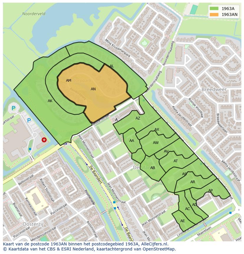 Afbeelding van het postcodegebied 1963 AN op de kaart.