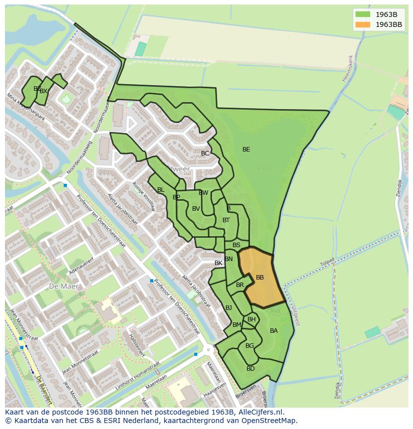 Afbeelding van het postcodegebied 1963 BB op de kaart.