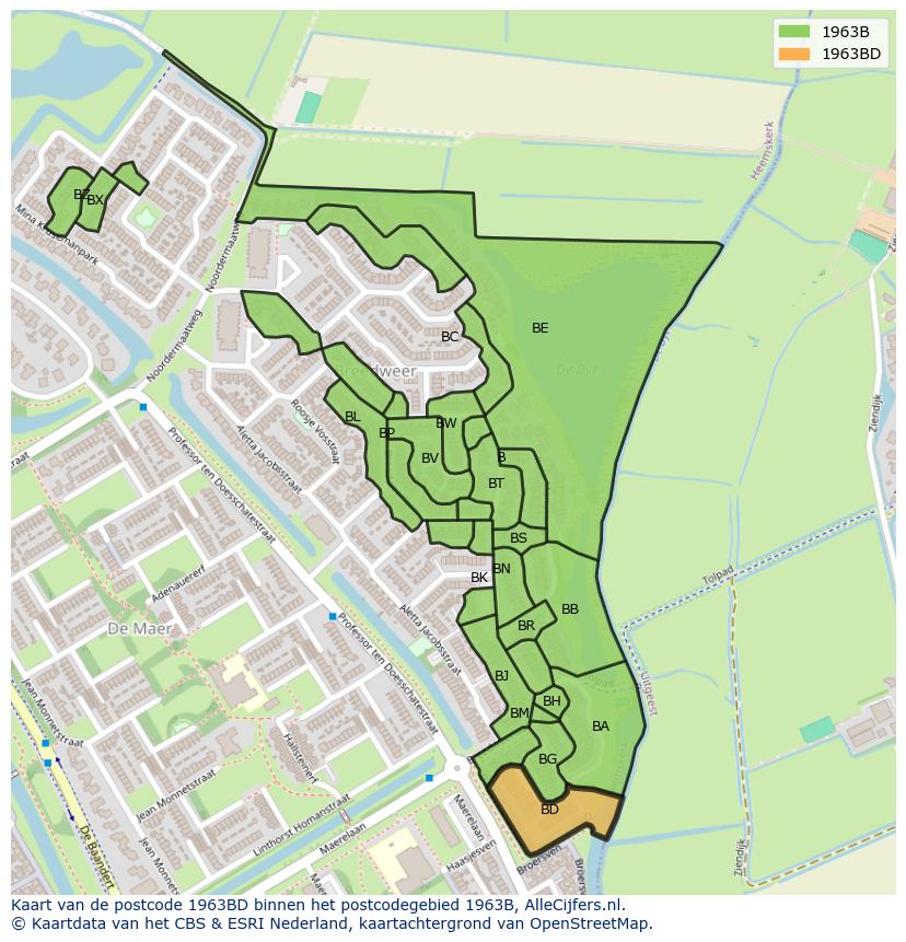Afbeelding van het postcodegebied 1963 BD op de kaart.