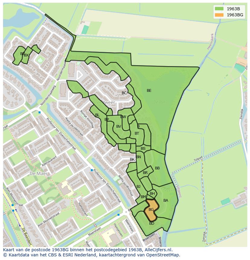 Afbeelding van het postcodegebied 1963 BG op de kaart.