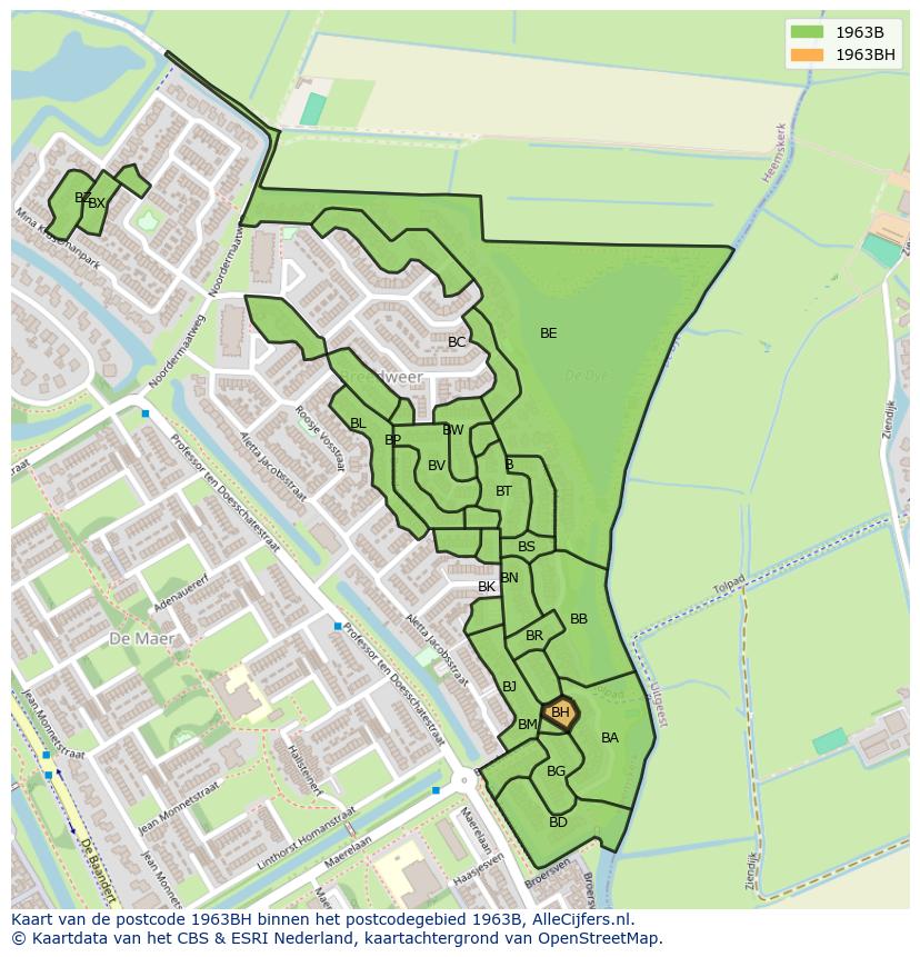 Afbeelding van het postcodegebied 1963 BH op de kaart.