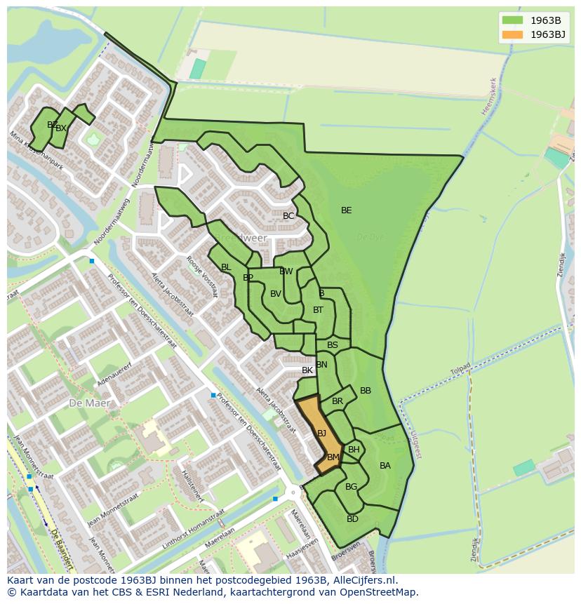 Afbeelding van het postcodegebied 1963 BJ op de kaart.
