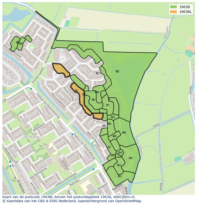 Afbeelding van het postcodegebied 1963 BL op de kaart.