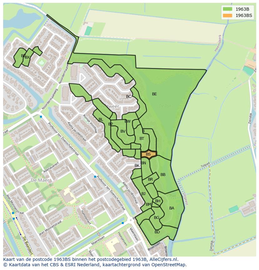 Afbeelding van het postcodegebied 1963 BS op de kaart.