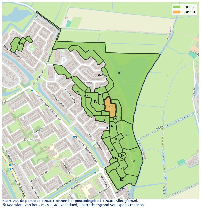 Afbeelding van het postcodegebied 1963 BT op de kaart.