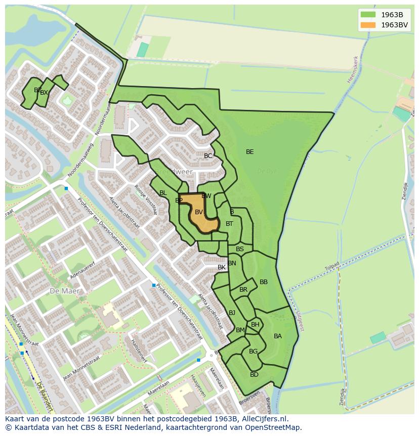 Afbeelding van het postcodegebied 1963 BV op de kaart.