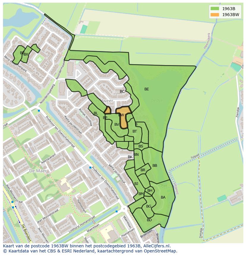 Afbeelding van het postcodegebied 1963 BW op de kaart.
