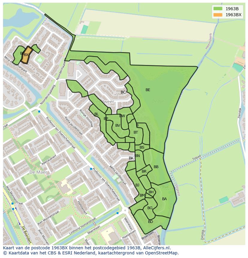 Afbeelding van het postcodegebied 1963 BX op de kaart.