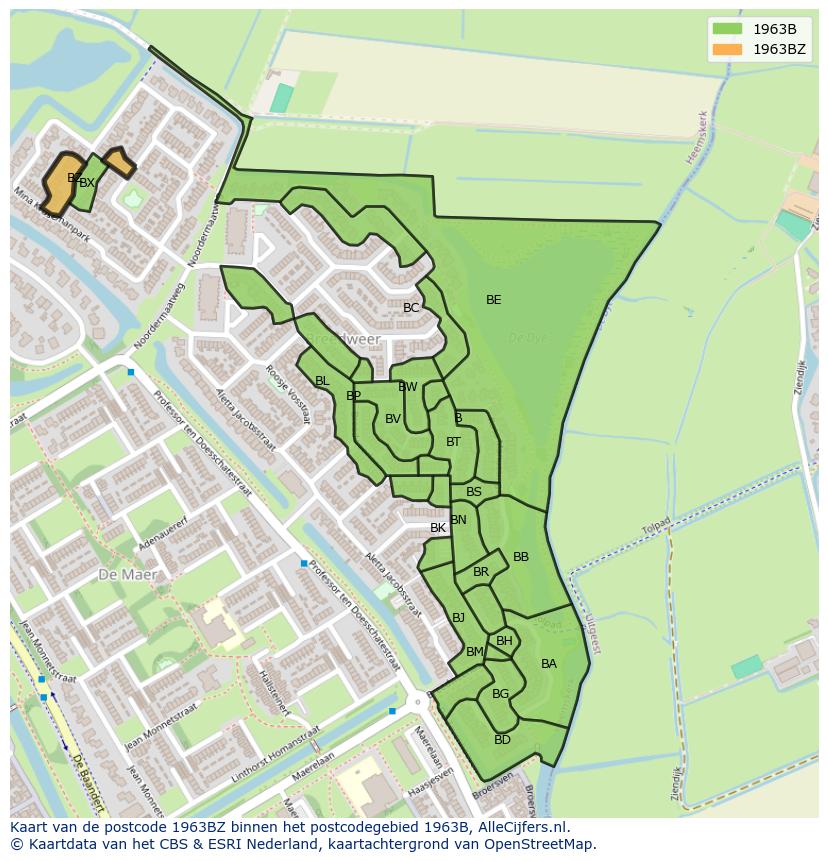Afbeelding van het postcodegebied 1963 BZ op de kaart.