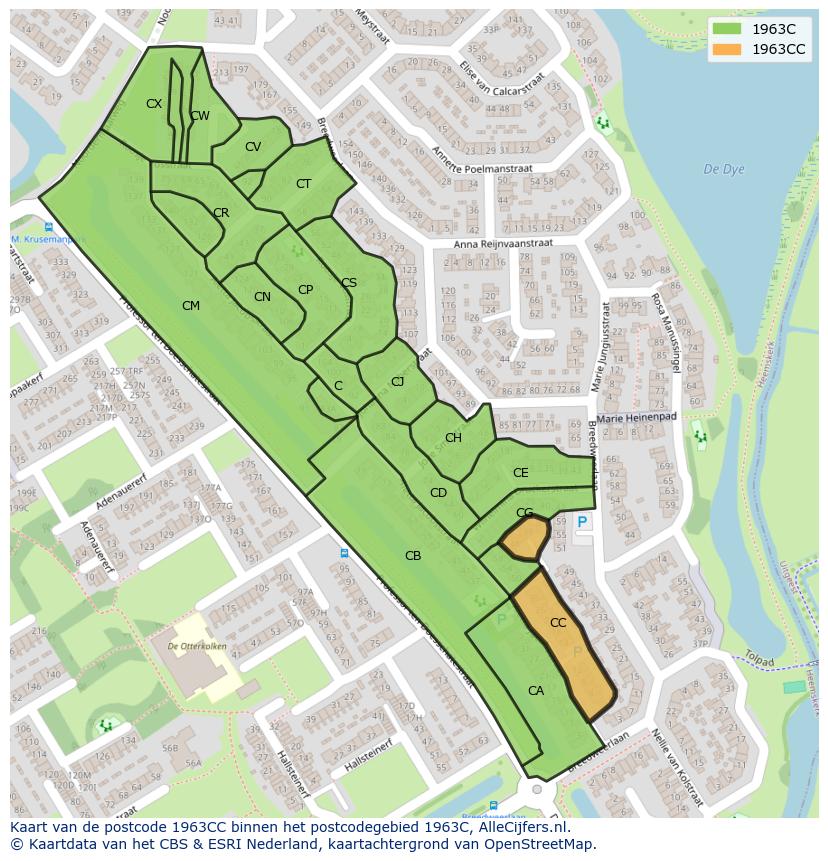 Afbeelding van het postcodegebied 1963 CC op de kaart.