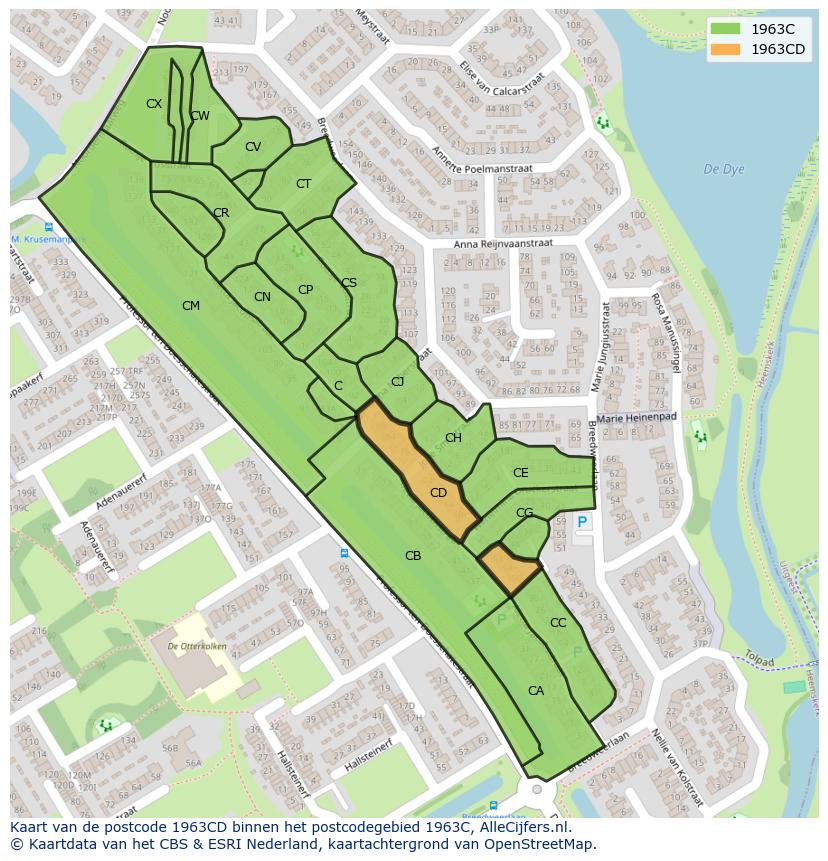 Afbeelding van het postcodegebied 1963 CD op de kaart.