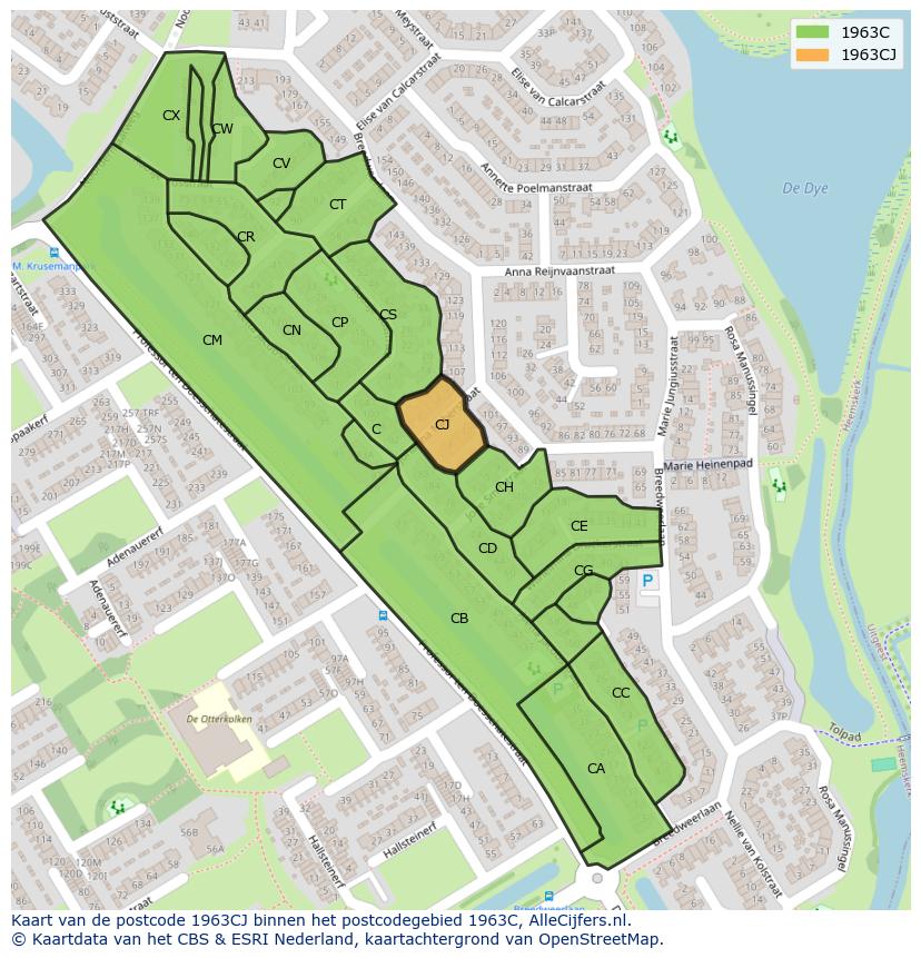 Afbeelding van het postcodegebied 1963 CJ op de kaart.