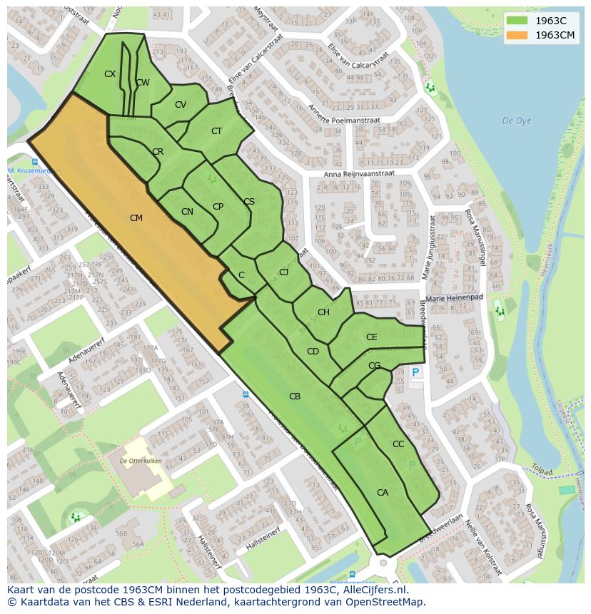Afbeelding van het postcodegebied 1963 CM op de kaart.