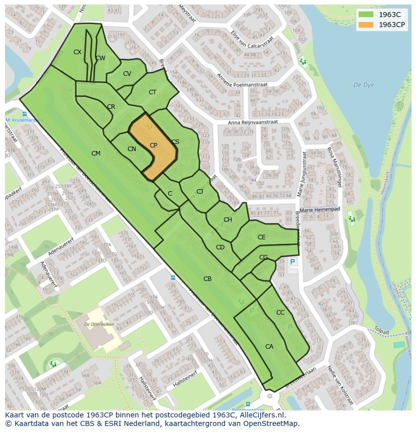 Afbeelding van het postcodegebied 1963 CP op de kaart.
