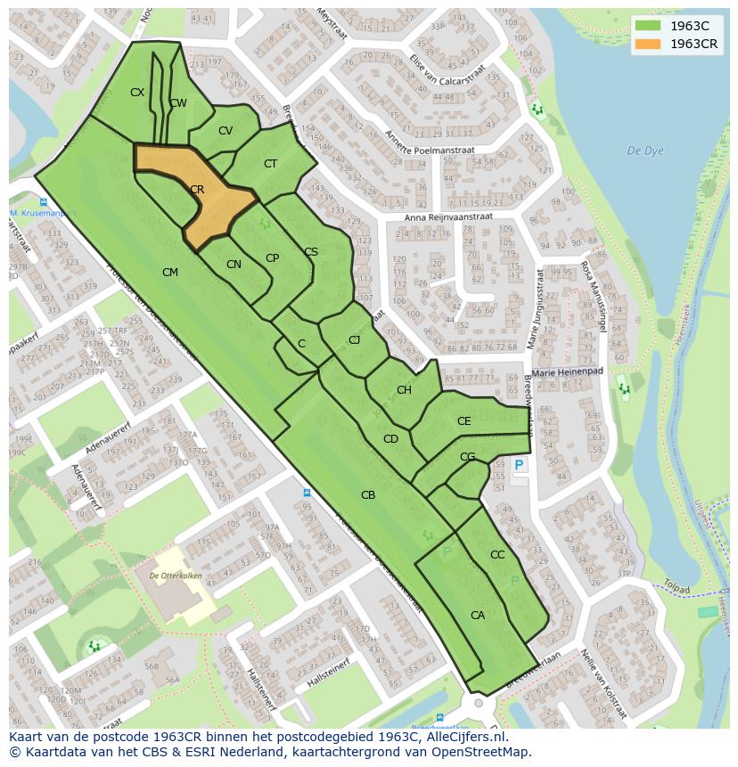 Afbeelding van het postcodegebied 1963 CR op de kaart.