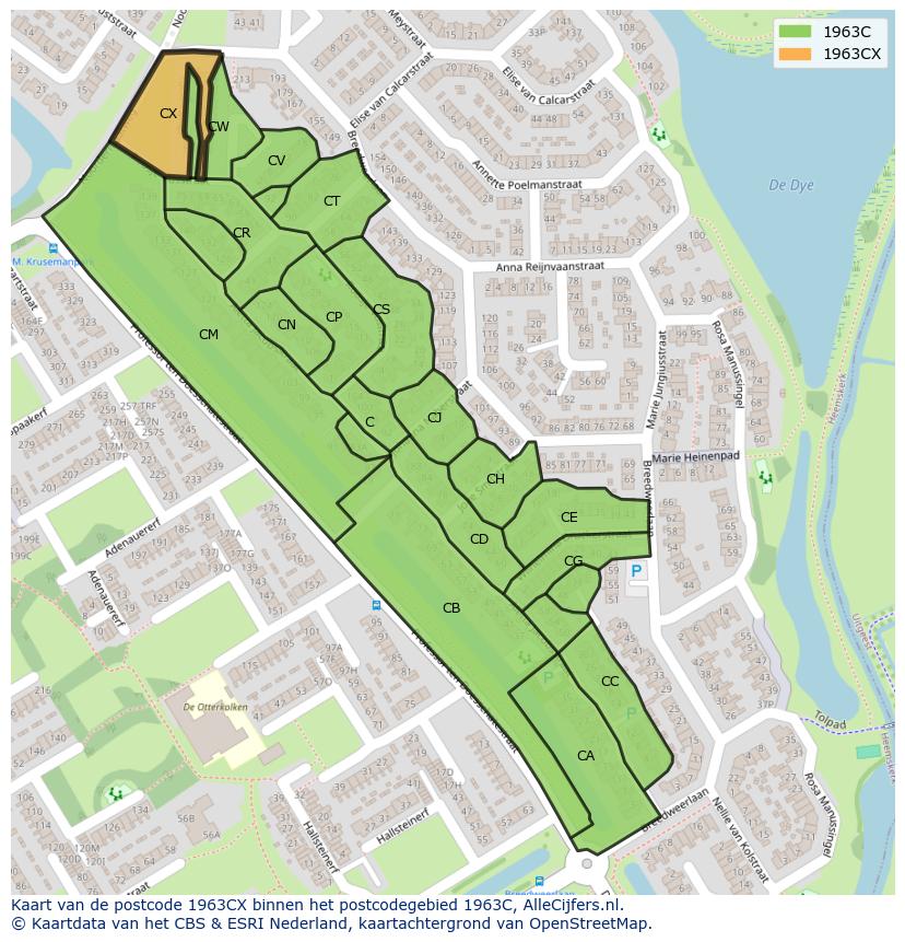 Afbeelding van het postcodegebied 1963 CX op de kaart.
