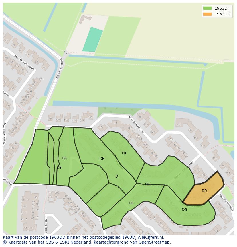 Afbeelding van het postcodegebied 1963 DD op de kaart.