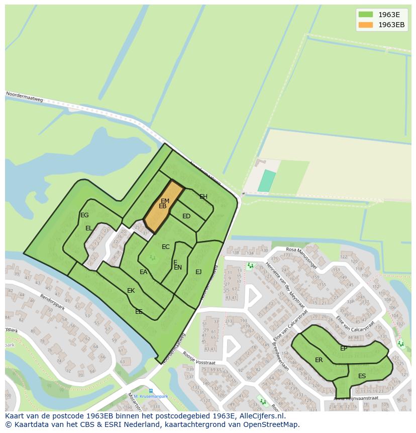 Afbeelding van het postcodegebied 1963 EB op de kaart.
