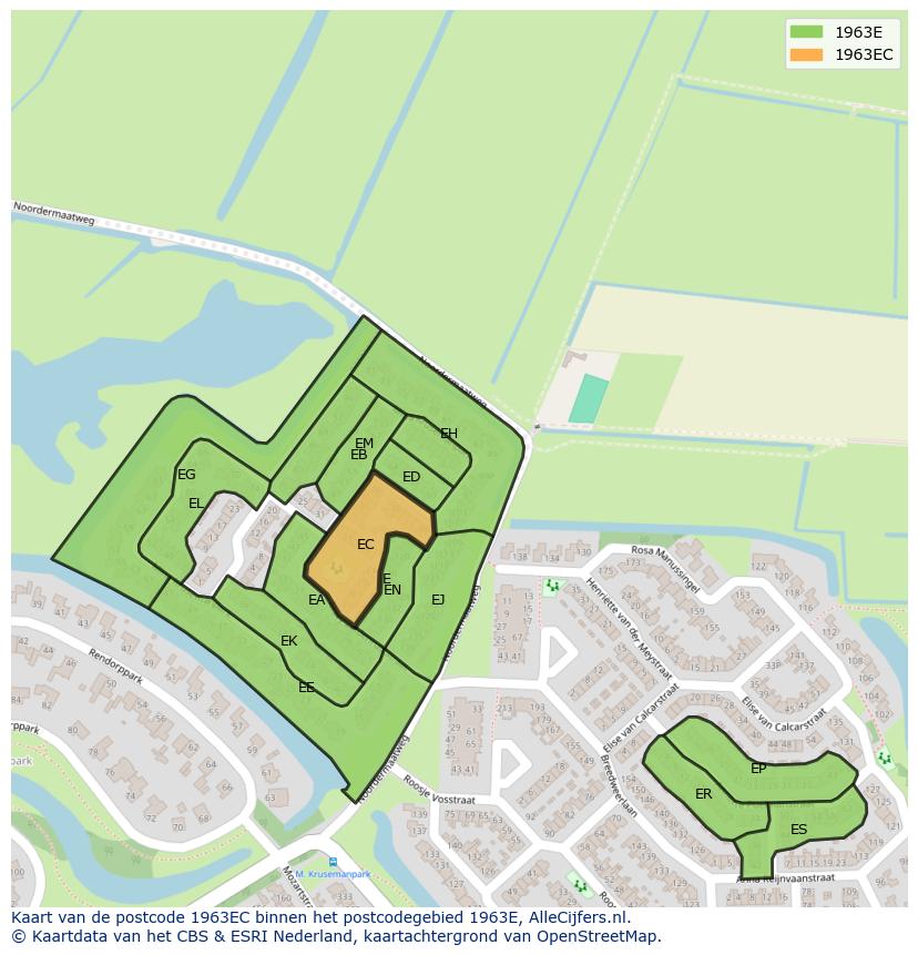 Afbeelding van het postcodegebied 1963 EC op de kaart.