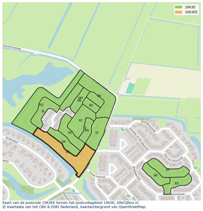 Afbeelding van het postcodegebied 1963 EE op de kaart.
