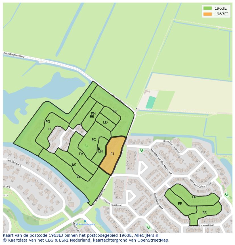 Afbeelding van het postcodegebied 1963 EJ op de kaart.