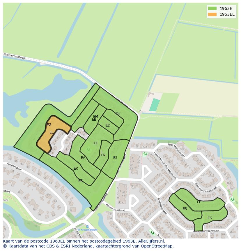 Afbeelding van het postcodegebied 1963 EL op de kaart.