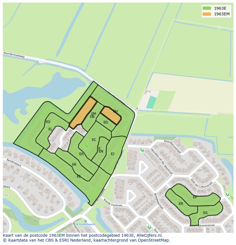 Afbeelding van het postcodegebied 1963 EM op de kaart.