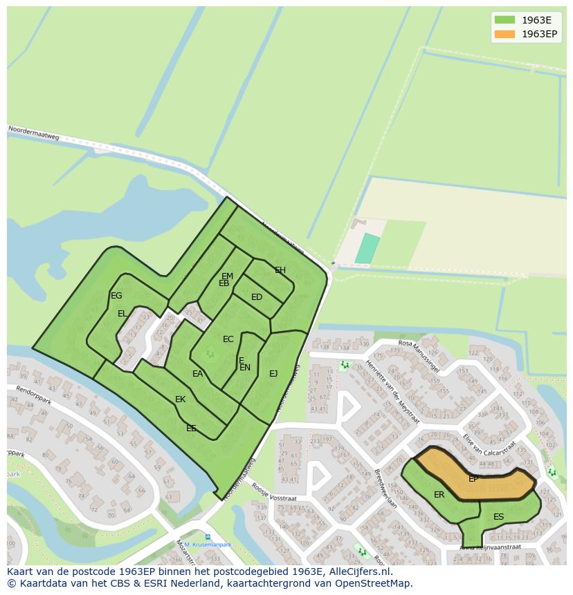 Afbeelding van het postcodegebied 1963 EP op de kaart.