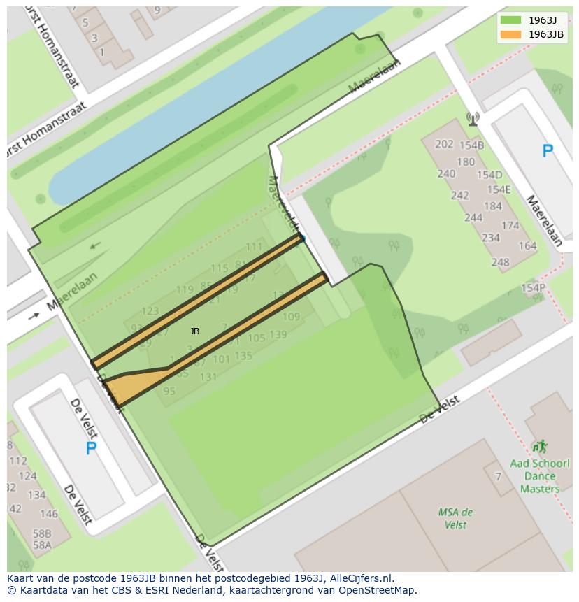 Afbeelding van het postcodegebied 1963 JB op de kaart.