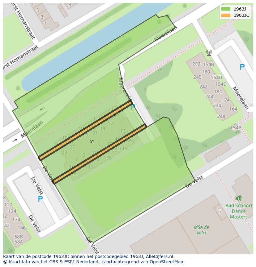 Afbeelding van het postcodegebied 1963 JC op de kaart.