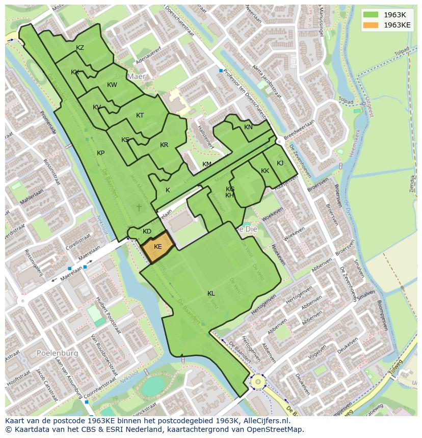 Afbeelding van het postcodegebied 1963 KE op de kaart.