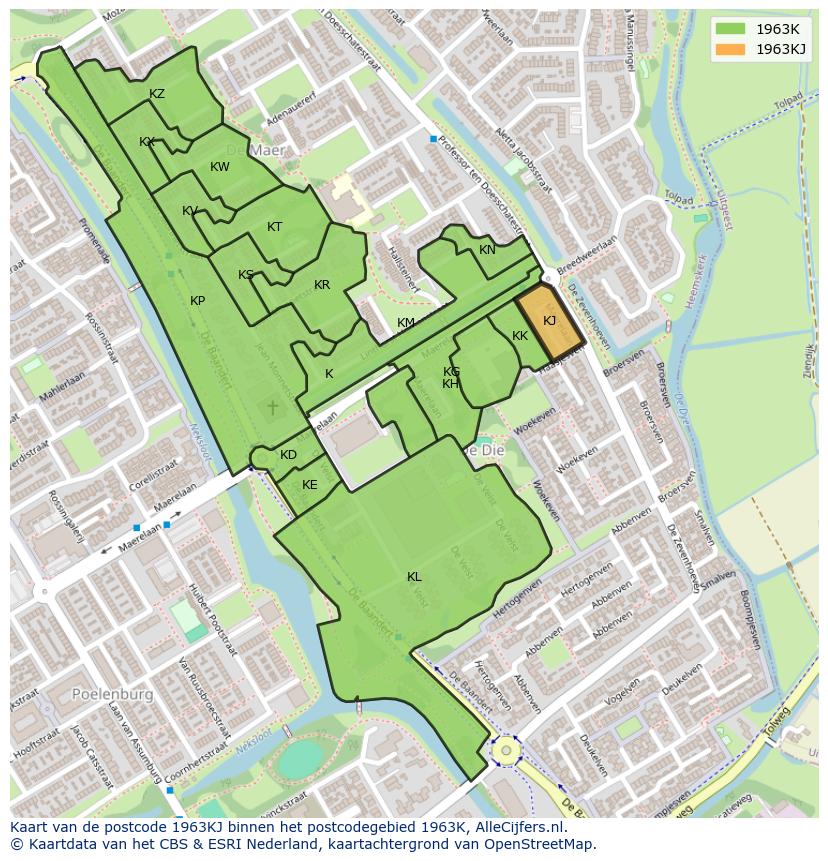 Afbeelding van het postcodegebied 1963 KJ op de kaart.