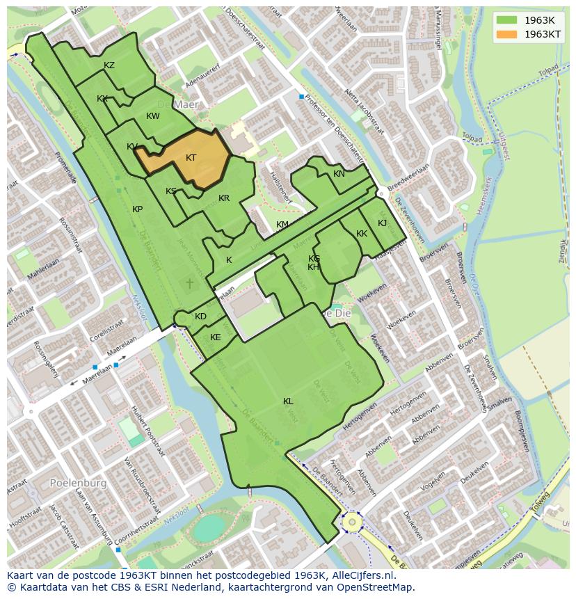 Afbeelding van het postcodegebied 1963 KT op de kaart.