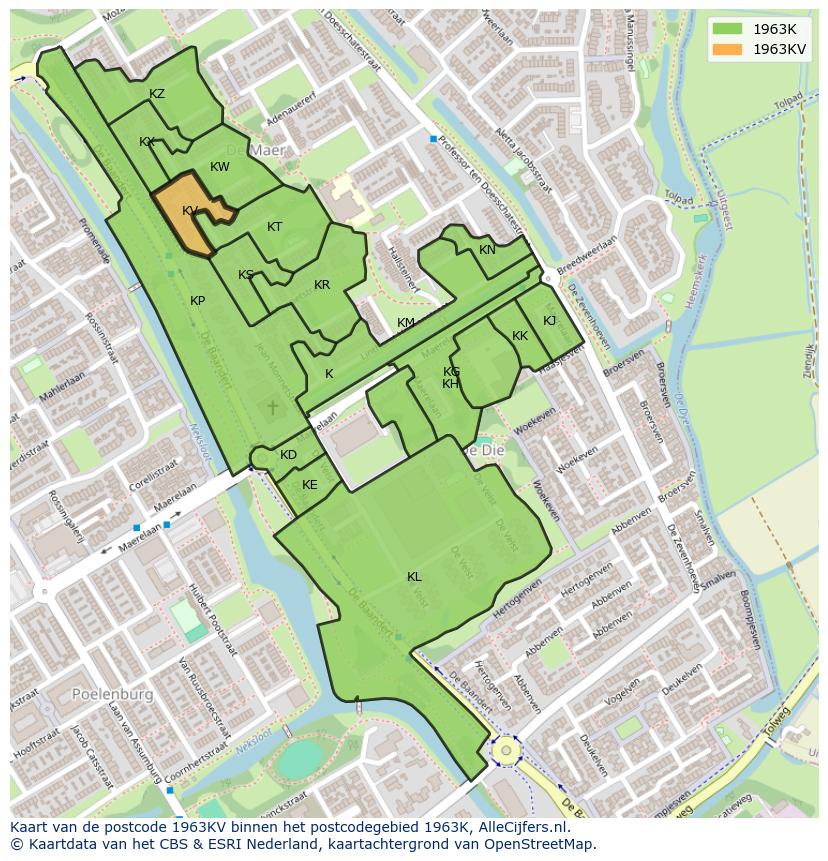 Afbeelding van het postcodegebied 1963 KV op de kaart.